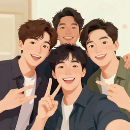 a detailed illustration of three happy celebrating young men posing for a selfie, by jamie hewlett and timothy kong, trending on behance