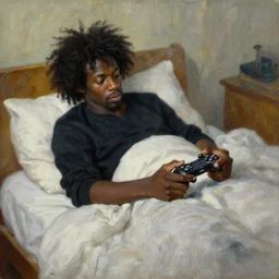 lanky black stoner with bad haircut, sulking in bed playing a video game because he's a moron husband, oil painting, art german, artstation, greg rutkowski, masterpiece