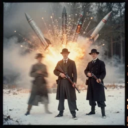 kodak portra 4 0 0, wetplate, muted colours, blueberry, 1 9 3 0 s style, motion blur, portrait photo of a backdrop, explosions, rockets, bombs, sparkling, old forester, rifle, forest, snow, fog, by georges melies and by britt marling