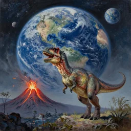 A comit about to hit earth, a trex dinosaur is looking, a volcano erupting in the background, oil painting