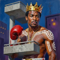 palette knife oil painting portrait of muhammad ali, a king - with gold crown with rubies, man in mafia wear and australian aboriginal body paint, concrete balcony, nightclub, artstation trending, artgerm, any racial background, deviant art, hipster, octane, substance, art history 8 k