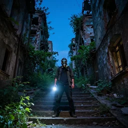 A colorful photo of a mysterious man with a gas mask wearing a flashlight is standing in the midle of a staircase alley looking in the direction of the camera :: exterior, blue sky visible :: ruined city with vegetation and trees growing everywhere on the destroyed buildings :: apocalyptic, gloomy, desolate :: long shot, low angle, dramatic backlight, symmetrical, night, slightly colorful photography :: cinematic shot, very detailed