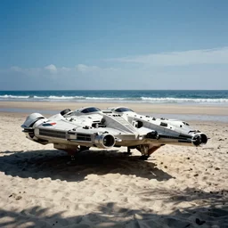 analog photo of the millennium falcon on the beach, midday, kodachrome, sharp focus, 50mm lens, DOF, ambient lighting