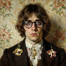 a beautiful and eerie baroque painting of a beautiful but serious man in layers of fear, with haunted eyes and glasses, 1 9 7 0 s, seventies, floral wallpaper, wilted flowers, a little blood, morning light showing injuries, delicate embellishments, painterly, offset printing technique, by brom, robert henri, walter popp