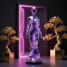 beautiful mannequin sculpted out of amethyst by billelis + lit with geometric neon + kintsugi, facing a doorway opening with neon pink geometric light + gold geometric cubed bonsai trees, clean linework, dramatic, finely detailed, rule of thirds, moody, award winning, 4 k, trending on artstation, photorealistic, volumetric lighting, octane render