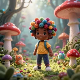 a wide angle action portrait of a black boy with a colorful afro in a foggy magic neon mushroom jungle, bright colors, bokeh, vibrant, by goro fujita, mark ryden and lisa frank, felt texture, volumetric wool felting, radiant light, amigurumi, macro photography, miniature world, depth of field