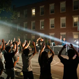 an old school hip hop concert taking place on a basketball court behind a large brick apartment at night, many people dancing with their hands in the air, a rapper is standing on stage yelling into the mic, a dj with audio equipment at the back of the stage, in the style of chuck close, foggy, light streaks