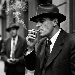 jerma 9 8 5 as a private investigator, noir style, 1 9 4 0's, film photograph, high detail, smoking a cigarette, grainy