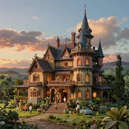 a beautiful hyperrealistic detailed miniature diorama of a magical mansion from studio ghibli, by jordan grimmer and hayao miyazaki and adolf hira, crepuscular ray, vibrant, 3 d, wide angle, epic, morning light - emitting, vast, trending on artstation, cgsociety, intricate, atmospheric lighting, unreal engine, 8 k resolution, ultrafine detail, octane render