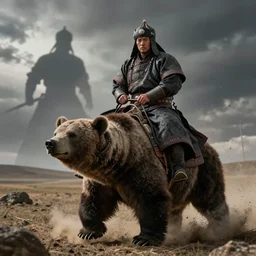 a mongolian warlord riding a bear, action scene, an epic fantasy, dramatic lighting, cinematic, extremely high detail, photorealistic, cinematic lighting, artstation, by simon stalenhag, shadow of the tomb rider