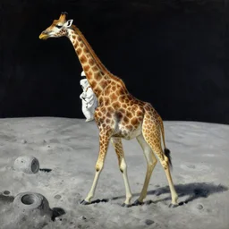 a giraffe astronaut walking on the moon, oil painting by rene magritte