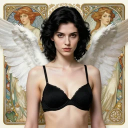 character design by artgerm, cushart krenz, greg rutkowski and alphonse mucha. ( ( ( portrait of a black - haired angel in a black bra ) ) ) sharp edges. ultra clear detailed. 8 k. ultra detailed, elegant, intricate, octane render.