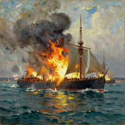 british ships fire at the port of Lagos, 1905, brightly coloured oil on canvas, by ilya repin
