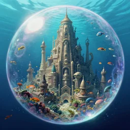 a giant atlantis alien city in bubbles, underwater, swiming fishes ultra detailed, by tomasz alen kopera and peter mohrbacher, and michel - ange, artstation 8 k