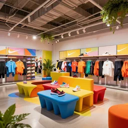 large nike boutique flagship retail. pop art. colorful happy furniture!!! with colorful shoes and varied clothes. low ceilings with rails and spots. plants. vivid colors. architectural photography, 8 k, realistic lighting, reflections, bloom, hyperdetailed environment, pbr materials.