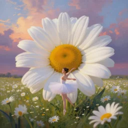 giant white daisies flower as head, girl ballet in a flower field, surreal photography, sunrise, dramatic light, impressionist painting, colorful clouds, digital painting, artstation, simon stalenhag