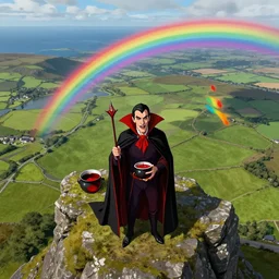 ” aerial view of count dracula with a pot of blood at the end of a rainbow in ireland, vivid, high detail, concept art by balaskas christopher ”