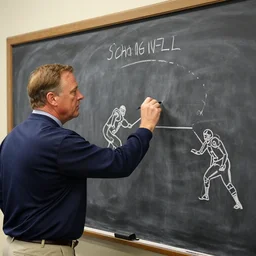 nfl head coach john madden drawing up offensive play on a chalkboard, photograph