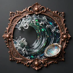 art nouveau cresting oil slick waves, hyperdetailed bubbles in a shiny iridescent oil slick wave, black opal, abalone, paua shell, ornate copper patina medieval ornament, rococo, organic rippling spirals, octane render, 8 k 3 d