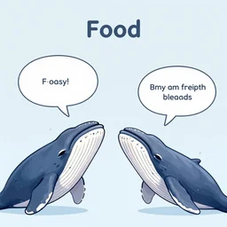 two whales talking about food, with speech bubbles