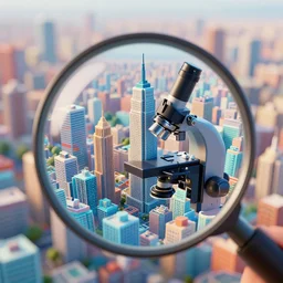 an electron microscope image of a sprawling mega city, bokeh, 3D render, magnified, vibrant colors, sharp image, smooth texture