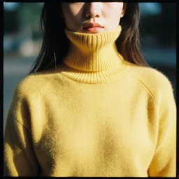 a portrait photography of a woman wearing a yellow knitted turtleneck sweater that covers half her face. long hair. agfa vista 4 0 0 film. detailed. depth of field. cinematic. lens flare. grainy film. warm light.