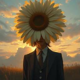 huge daisy flower head, frontal, girl in a suit, surreal photography, sunrise, dramatic light, impressionist painting, digital painting, artstation, simon stalenhag