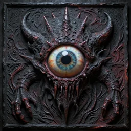dark fantasy, 4 k, textured 3 d, intense detail, psychedelic, amazing background, bas relief, eyeball in center of hideous monster, alex grey style