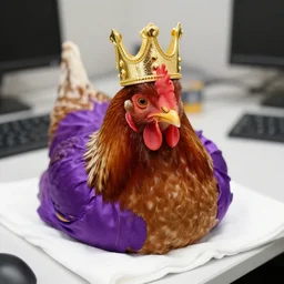 a stately close - up photograph of a chicken wearing a golden crown and purple robles on a white cloth on an office table
