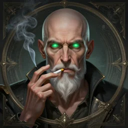 a highly detailed illustration of bald old man smoking with green glowing eyes, dramatic cigarette in mouth pose, nuclear background, intricate, elegant, highly detailed, centered, digital painting, artstation, concept art, smooth, sharp focus, league of legends concept art, wlop.