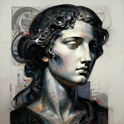 epic concept art. abstract female face silhouette mixing with black and color liquid fluid. abstract sculpture. art deco swirls. masterpiece, michelangelo. concept art, matte painting. greg rutkowski, wlop, victo ngai, kandinski, glitchart, glitch, error