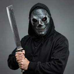 grimace wearing a plague mask and holding a machete