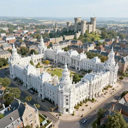 close aerial view of victorian roman england steampunk town, hyper realistic, futuristic white ornated buildings, steampunk, castle, land of tomorrow!!!
