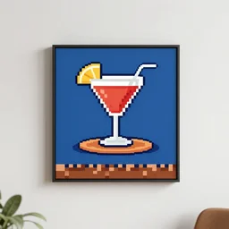 serving a craft cocktail in the style of 8 - bit game sprite wall art