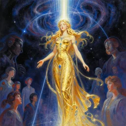 a golden goddess with blue adornments quarter turn figurative anime portrait, in space, transcending to a higher plane, the eternal blessing the holy nexus, in the multiverse, lazer light beaming down to top of her head, by android jones, by ben ridgeway, by ross draws, by Noah Bradley, by Maciej Kuciara + illustrative + visionary art + low angle + oil painting + Visionary art, DMT, The god particle, utopia  profile portrait, artgerm,  featured in artstation, elegant, Moebius, Greg rutkowski