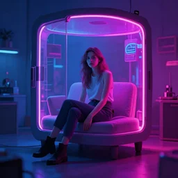 woman sitting in the neon house. concept art.