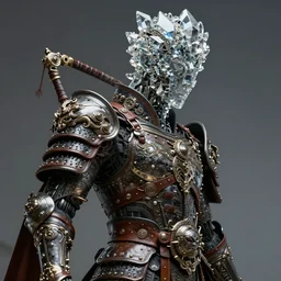 asura from chinese myth, ghost, luxurious armor mixed with leather and metal, dystopian, cyberpunk, mecha, halfturn portrait of a big crystal face made of crystals half - turn, ominous, intricate, studio, art by anthony macbain + greg rutkowski + alphonse mucha, concept art, 4 k, sharp focus