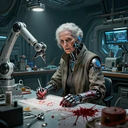 an environmental concept art of an elderly woman cyberneticist in a cluttered workshop, surgical implements, surgery theatre, robotic arm, blood spatter, highly detailed, cinematic, dramatic, cyberpunk, dieselpunk, scifi space station, horror, ( bladerunner 2 0 4 9, cyberpunk 2 0 7 7 )