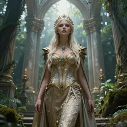 Beautiful art portrait of Melissa Rquch as a fantasy gothic priestess in a bright temple surrounded by lush forest, atmospheric lighting, intricate detail, cgsociety, hyperrealistic, octane render, RPG portrait, ambient light, dynamic lighting