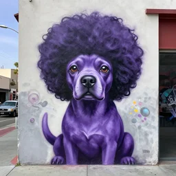 a graffiti art of a purple dog with afro hair in the streets of los angeles, hd, 8 k, hyper realistic, hyper detailed,