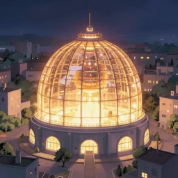 a glowing nuclear sci - fi containment building in a pleasant city urban setting, by satoshi kon, a sense of hope and awe