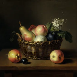 a painting of a basket of fruit on a table, a still life, by jan davidsz. de heem, dark tones, pixabay contest winner, baroque, chiaroscuro, oil on canvas, flemish baroque