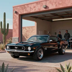 a cinematic keyframe matte painting of a sleek 1 9 7 0 s vaporwave concept retro - futurism sci - fi ford mustang fast back knight rider blacked out car in an open garage in the american southwest, view from the street. cactus. by eric lafforgue, glennray tutor and edward hopper, greg rutkowski. trending on artstation.