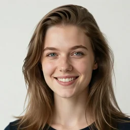 girl from scandinavia, smiling and looking directly at the camera, dslr, portrait photo, white background, leibowitz
