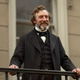 portrait of a smiling victorian gentleman wearing a suit, happy, standing on a balcony, detailed face, 1 9 th century, highly detailed, cinematic lighting, digital art painting by greg rutkowski