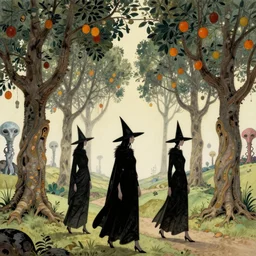 sci - fi, bene gesserit witches, walking between strange alien fruit trees, art by moebius