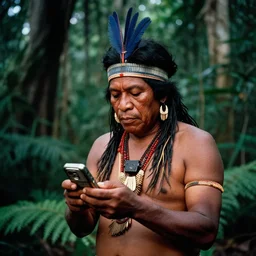 Portrait of an Amazon indigenous tribe leader finding a cellphone in the middle of an ominous jungle, 1980s photography