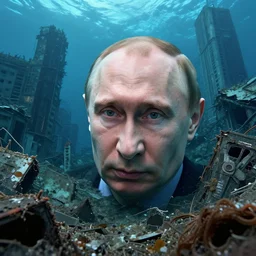underwater photographs of vladimir putin underwater, close headshot macro in postapocalyptic abandoned destroyed deep sea times square, wrecked buildings, destroyed flipped wrecked cars, underwater polaroid photo, vintage, neutral colors, underwater, by shawn heinrichs and gregory crewdson
