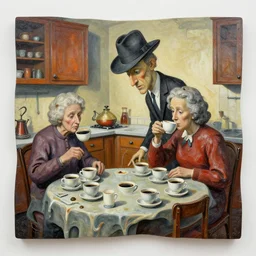 a sculpture installation painted as a strange dusty professor in black suite and hat and a old woman making a study of drinking ten cups of black coffee in five seconds in a kitchen that is melting dali, styled by jean tinguely and niki de saint phalle