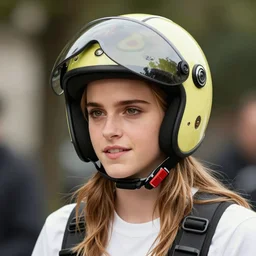 emma watson wearing avocado helmet, fashion photography